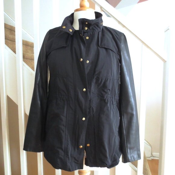 Zara Navy Black and Gold Zipper Parka Rain Jacket Coat with Leather Look Sleeves - Picture 1 of 6